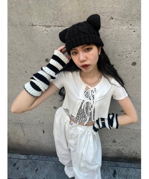 WC(ダブル シー)の「リボンカーデセットトップス(Tシャツ/カットソー・レディース・ブラック/ホワイト・FREE)」の3枚目の写真