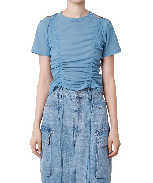 ショルダーカットアウトドロストTee ルシェルブルー LE CIEL BLEU♡ショルダーカットアウト ドローストTeeルシェル