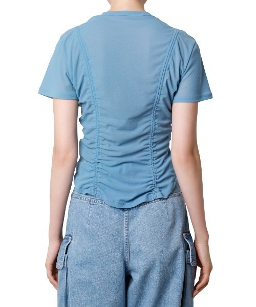 ショルダーカットアウトドロストTee ルシェルブルー LE CIEL BLEU♡ショルダーカットアウト ドローストTeeルシェル