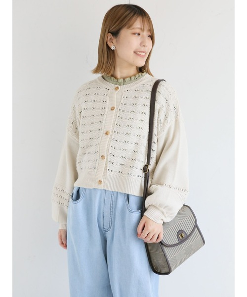 ehka sopo(エヘカソポ)の「透かし編みクルーネックカーディガン(カーディガン/ボレロ・レディース・ブラウン/グリーン/キナリ・フリ-)」の2枚目の写真