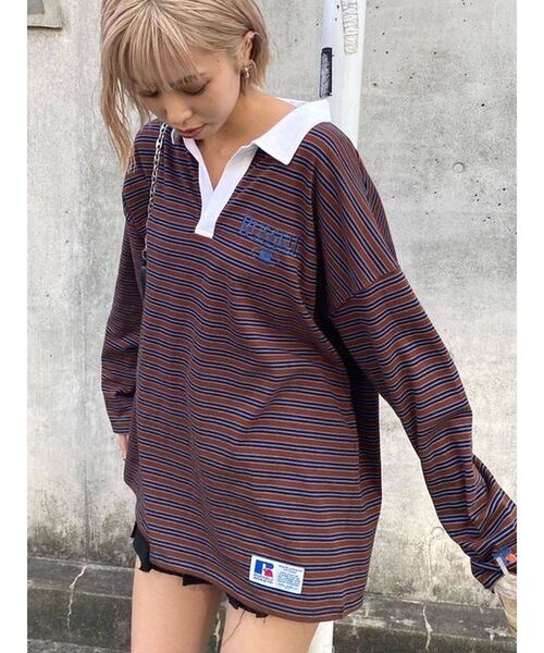 RUSSELL（ラッセル）の「オーバーシャツロングTシャツ（Tシャツ/カットソー・レディース・パープル/ブラウン・FREE）」の2枚目の写真