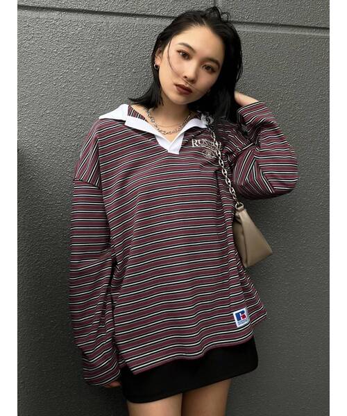 RUSSELL（ラッセル）の「オーバーシャツロングTシャツ（Tシャツ/カットソー・レディース・パープル/ブラウン・FREE）」の3枚目の写真