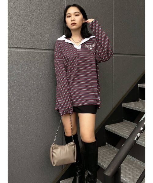 RUSSELL（ラッセル）の「オーバーシャツロングTシャツ（Tシャツ/カットソー・レディース・パープル/ブラウン・FREE）」の4枚目の写真