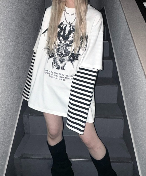 MAROCORE(マロコア)の「袖ボーダーフェイクレイヤードロンT(Tシャツ/カットソー・メンズ・ブラック/ホワイト/ホワイト系その他/ホワイト系その他2/ブラック系その他/ブラック系その他2/ブラック系その他3/ホワイト系その他3・M/L)」の2枚目の写真