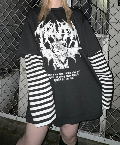 袖ボーダーフェイクレイヤードロンT（Tシャツ/カットソー