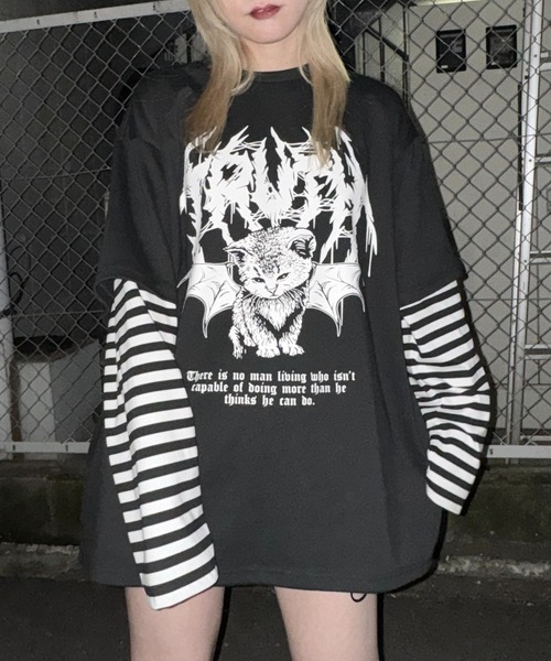 セール】袖ボーダーフェイクレイヤードロンT（Tシャツ