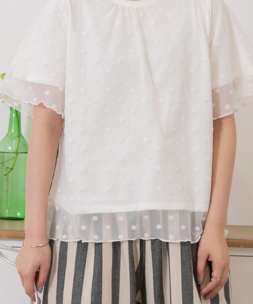 フロッキードットTee yori フロッキードット丸襟Tee ホワイト