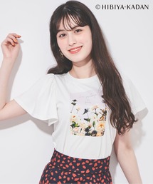 フリルスリーブフラワープリントTシャツ