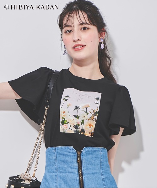 フリルスリーブフラワープリントTシャツ（Tシャツ/カットソー