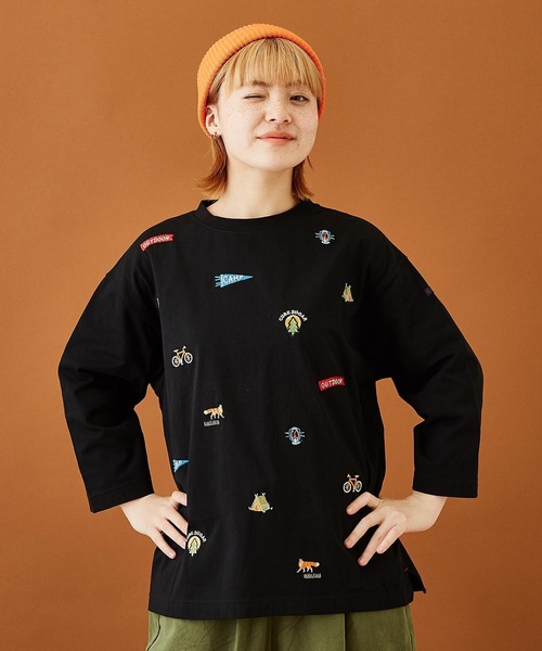 CUBE SUGAR（キューブシュガー）の「天竺カットソーアウトドア刺繍Tシャツ（Tシャツ/カットソー・レディース・ヘザーチャコール/ホワイト/ブラウン/マルチ・M）」の2枚目の写真