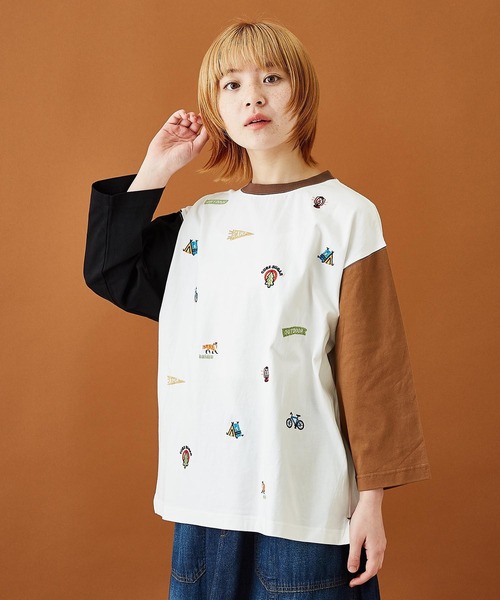 CUBE SUGAR（キューブシュガー）の「天竺カットソーアウトドア刺繍Tシャツ（Tシャツ/カットソー・レディース・ヘザーチャコール/ホワイト/ブラウン/マルチ・M）」の4枚目の写真