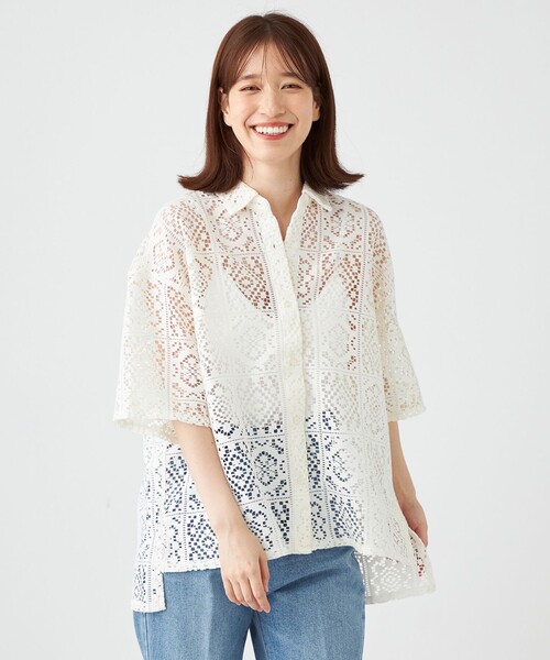 SHARE PARK(シェアパーク)の「オーバーサイズレースシャツ(シャツ/ブラウス・レディース・アイボリー系/グレー系・MEDIUM)」の1枚目の写真