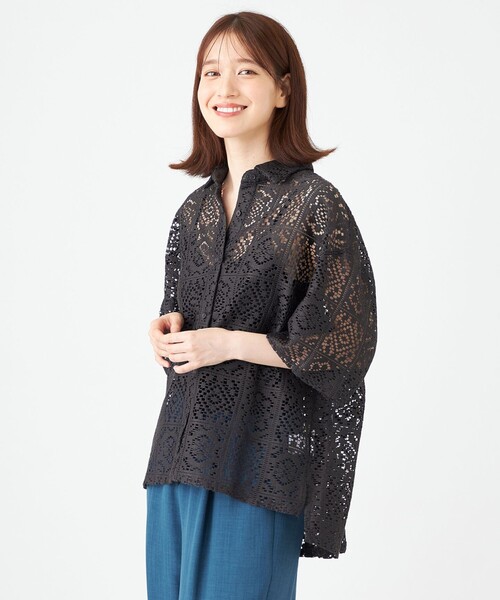 SHARE PARK(シェアパーク)の「オーバーサイズレースシャツ(シャツ/ブラウス・レディース・アイボリー系/グレー系・MEDIUM)」の4枚目の写真