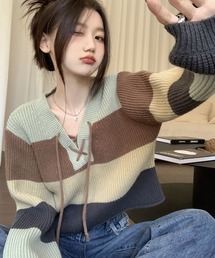 レースアップランダムボーダーニットプルオーバー