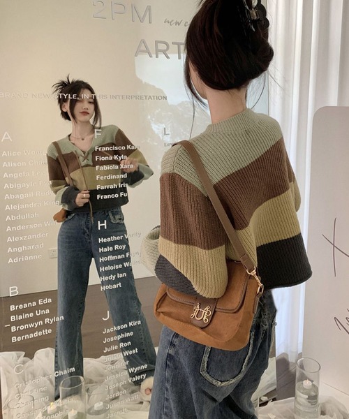 meJane(ミージェーン)の「レースアップランダムボーダーニットプルオーバー(ニット/セーター・レディース・マルチ・FREE)」の3枚目の写真