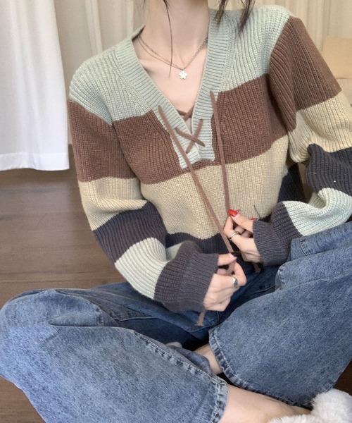 meJane(ミージェーン)の「レースアップランダムボーダーニットプルオーバー(ニット/セーター・レディース・マルチ・FREE)」の9枚目の写真