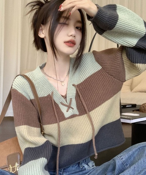 meJane(ミージェーン)の「レースアップランダムボーダーニットプルオーバー(ニット/セーター・レディース・マルチ・FREE)」の5枚目の写真