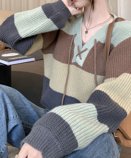 meJane(ミージェーン)の「レースアップランダムボーダーニットプルオーバー(ニット/セーター・レディース・マルチ・FREE)」の10枚目の写真