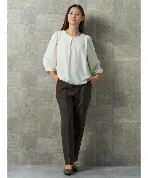 セール】ビショップスリーブ パール釦ブラウス オフホワイト/カーキ