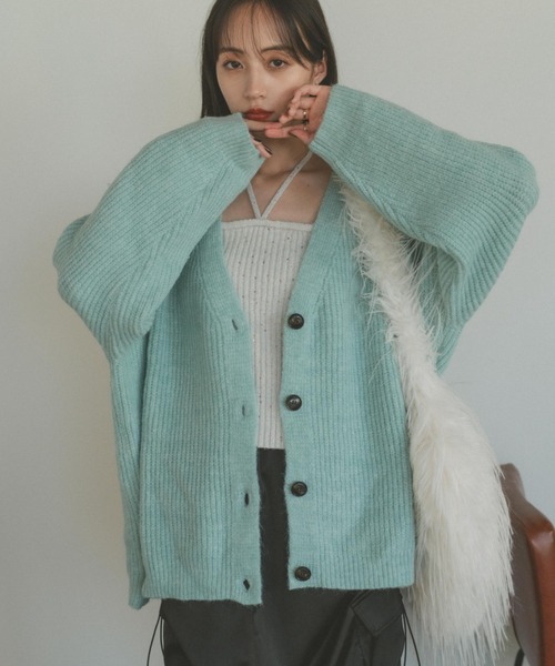 VANNIE U(ヴァニーユー)の「ミックスオーバーVネックカーディガン(ニット/セーター・レディース・ネイビー/イエロー/ライトグリーン/ピンク/ライトブルー・FREE)」の12枚目の写真