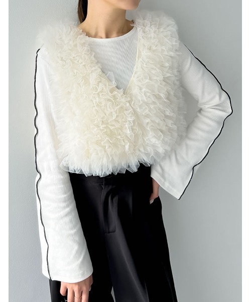 Re:EDIT（リエディ）の「[オケージョン セレモニー][累計販売枚数4,000枚突破！]Vネックチュールフリルビスチェ（キャミソール・レディース・ホワイト/ブラック/グレー・MEDIUM/LARGE）」の13枚目の写真