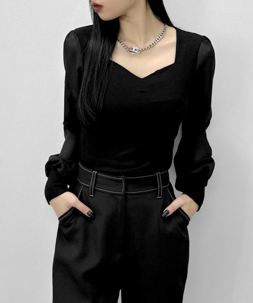 LVEU.(ラブユ.)の「【LVEU.】ハートネックシアースリーブトップス / トップス ハートネック ニット シアー シフォン 長袖 ニット ブラウス ドッキング ブラック ホワイト ZOZOTOWN限定(Tシャツ/カットソー・レディース・ブラック/ホワイト・FREE)」の9枚目の写真