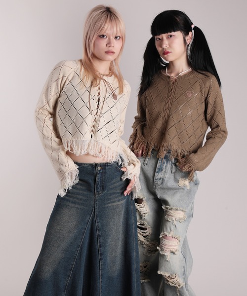 HOOK(フック)の「【HOOK】for girls 裾フリンジ透かし編み編み上げカーディガン (SS)(Tシャツ/カットソー・レディース・ライトベージュ/ベージュ・L/M/S)」の14枚目の写真