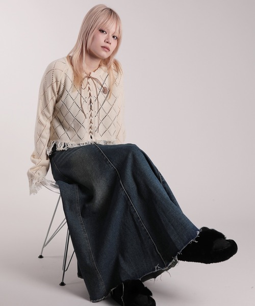 HOOK(フック)の「【HOOK】for girls 裾フリンジ透かし編み編み上げカーディガン (SS)(Tシャツ/カットソー・レディース・ライトベージュ/ベージュ・L/M/S)」の16枚目の写真