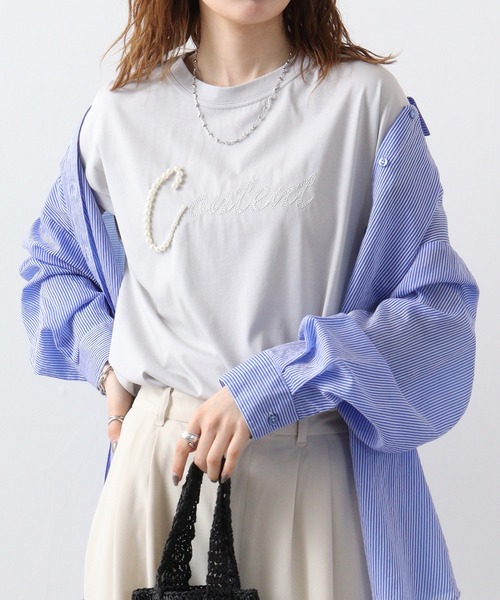 EGLANTINE(エグランティーヌ)の「Eglantine パール付カットソー(Tシャツ/カットソー・レディース・ブラック×ホワイト/ライトグレー/ネイビー/ネイビー×ホワイト/サーモンピンク/オフホワイト・40)」の3枚目の写真