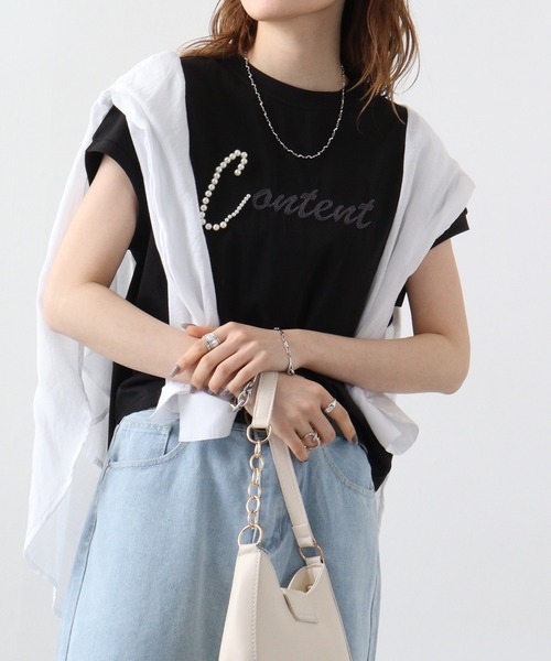 EGLANTINE(エグランティーヌ)の「Eglantine パール付カットソー(Tシャツ/カットソー・レディース・ブラック×ホワイト/ライトグレー/ネイビー/ネイビー×ホワイト/サーモンピンク/オフホワイト・40)」の8枚目の写真