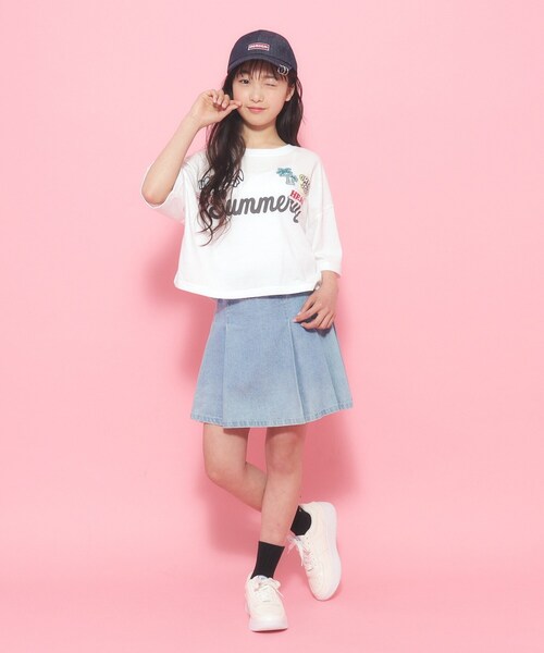 PINK-latte（ピンクラテ）の「◆ユニフォームワッペンTシャツ［五分袖］（Tシャツ/カットソー・キッズ・ライトオレンジ系/オフホワイト/ネイビー・16/15 /14）」の6枚目の写真