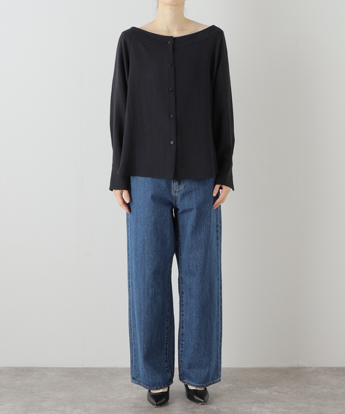 Noble（ノーブル）の「ワイドネックロングカフスブラウス（シャツ/ブラウス・レディース・ホワイト/ネイビー・FREE）」の7枚目の写真