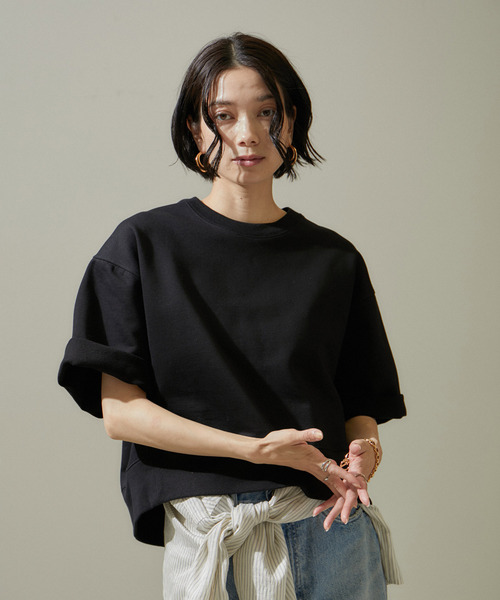 SALON adam et rope'（サロン アダム エ ロペ）の「クロップドハーフスリーブスウェットTシャツ【洗える】（Tシャツ/カットソー・レディース・ホワイト/ブラック・FREE）」の2枚目の写真