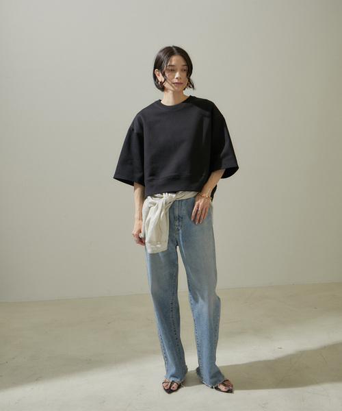 SALON adam et rope'（サロン アダム エ ロペ）の「クロップドハーフスリーブスウェットTシャツ【洗える】（Tシャツ/カットソー・レディース・ホワイト/ブラック・FREE）」の5枚目の写真