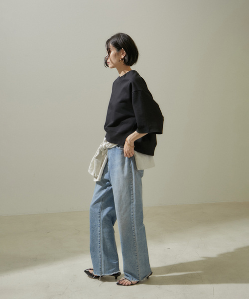 SALON adam et rope'（サロン アダム エ ロペ）の「クロップドハーフスリーブスウェットTシャツ【洗える】（Tシャツ/カットソー・レディース・ホワイト/ブラック・FREE）」の3枚目の写真