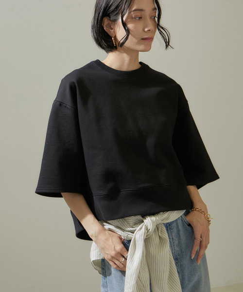 SALON adam et rope'（サロン アダム エ ロペ）の「クロップドハーフスリーブスウェットTシャツ【洗える】（Tシャツ/カットソー・レディース・ホワイト/ブラック・FREE）」の20枚目の写真