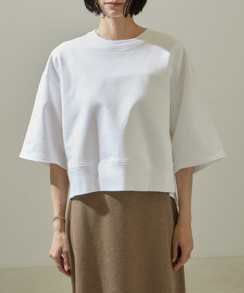 SALON adam et rope'（サロン アダム エ ロペ）の「クロップドハーフスリーブスウェットTシャツ【洗える】（Tシャツ/カットソー・レディース・ホワイト/ブラック・FREE）」の14枚目の写真