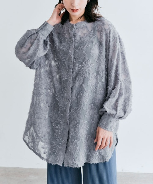 kirakiraShop(キラキラショップ)の「ジャガード フリンジ 長袖 シアー シャツ(シャツ/ブラウス・レディース・ブラック/アイボリー/ピンク系その他/グレー・FREE)」の9枚目の写真