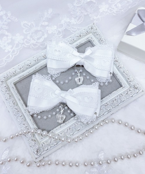 MA*RS（アメーバーマーズ）の「クラウン×ハートレースりぼんクリップ　2個SET（バレッタ/ヘアクリップ・レディース・ブラック/ホワイト/ピンク・FREE）」の2枚目の写真