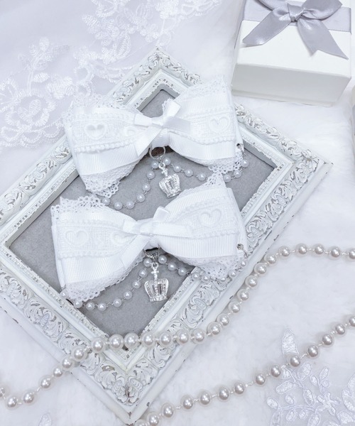 MA*RS（アメーバーマーズ）の「クラウン×ハートレースりぼんクリップ　2個SET（バレッタ/ヘアクリップ・レディース・ブラック/ホワイト/ピンク・FREE）」の9枚目の写真