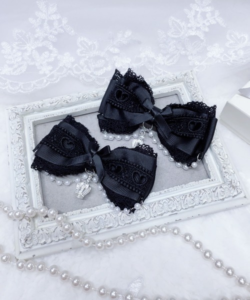 MA*RS（アメーバーマーズ）の「クラウン×ハートレースりぼんクリップ　2個SET（バレッタ/ヘアクリップ・レディース・ブラック/ホワイト/ピンク・FREE）」の7枚目の写真