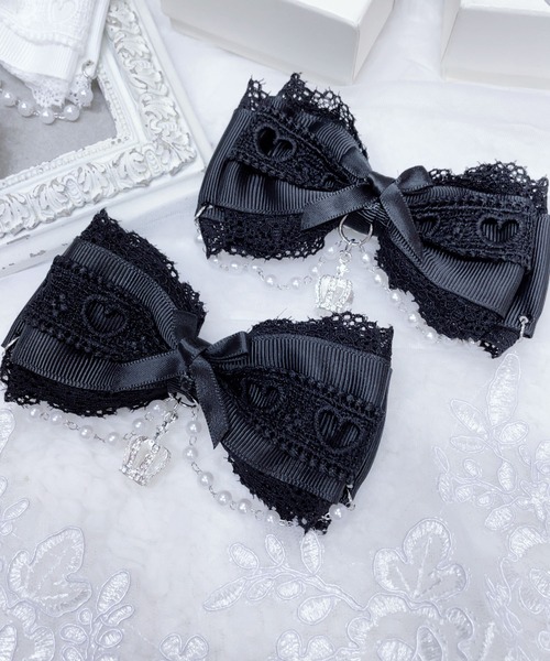 MA*RS（アメーバーマーズ）の「クラウン×ハートレースりぼんクリップ　2個SET（バレッタ/ヘアクリップ・レディース・ブラック/ホワイト/ピンク・FREE）」の8枚目の写真