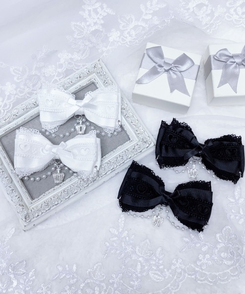 MA*RS（アメーバーマーズ）の「クラウン×ハートレースりぼんクリップ　2個SET（バレッタ/ヘアクリップ・レディース・ブラック/ホワイト/ピンク・FREE）」の4枚目の写真