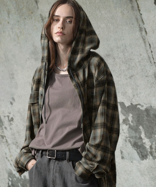 EMMA CLOTHES(エマクローズ)の「ダメージビエラオンブレチェックワイドフードシャツ(シャツ/ブラウス・メンズ・ブラック/ブルー/ブラウン・M/L)」の3枚目の写真