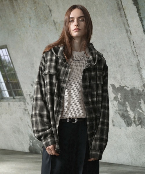 EMMA CLOTHES(エマクローズ)の「ダメージビエラオンブレチェックワイドフードシャツ(シャツ/ブラウス・メンズ・ブラック/ブルー/ブラウン・M/L)」の2枚目の写真