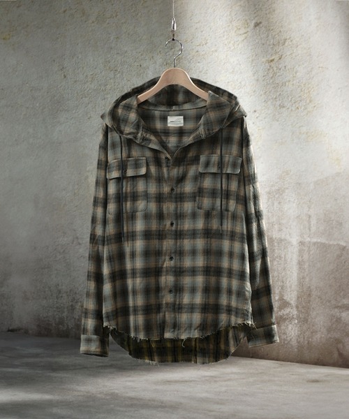 EMMA CLOTHES(エマクローズ)の「ダメージビエラオンブレチェックワイドフードシャツ(シャツ/ブラウス・メンズ・ブラック/ブルー/ブラウン・M/L)」の5枚目の写真