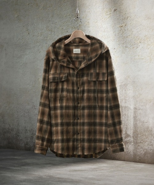 EMMA CLOTHES(エマクローズ)の「ダメージビエラオンブレチェックワイドフードシャツ(シャツ/ブラウス・メンズ・ブラック/ブルー/ブラウン・M/L)」の6枚目の写真
