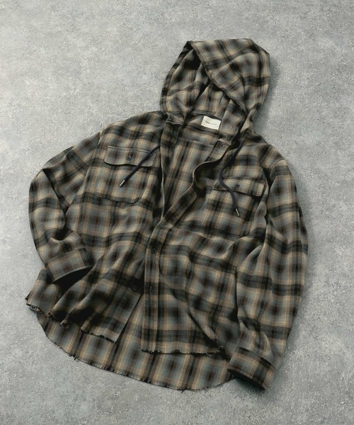 EMMA CLOTHES(エマクローズ)の「ダメージビエラオンブレチェックワイドフードシャツ(シャツ/ブラウス・メンズ・ブラック/ブルー/ブラウン・M/L)」の7枚目の写真