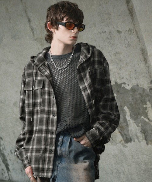 EMMA CLOTHES(エマクローズ)の「ダメージビエラオンブレチェックワイドフードシャツ(シャツ/ブラウス・メンズ・ブラック/ブルー/ブラウン・M/L)」の20枚目の写真