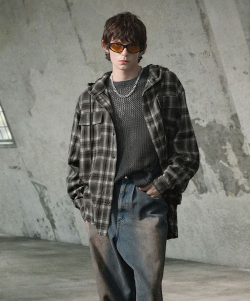 EMMA CLOTHES(エマクローズ)の「ダメージビエラオンブレチェックワイドフードシャツ(シャツ/ブラウス・メンズ・ブラック/ブルー/ブラウン・M/L)」の22枚目の写真